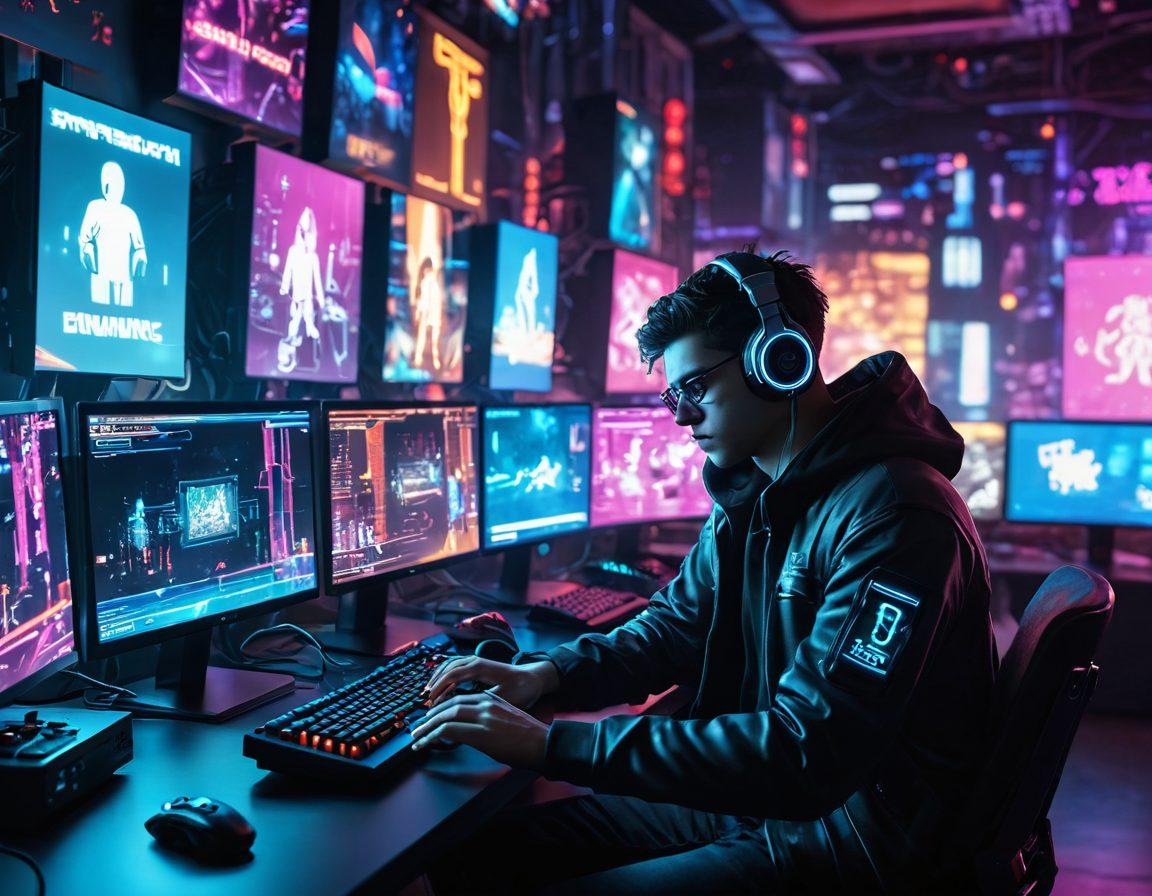 A dynamic scene showcasing a gamer seamlessly transitioning into a developer, surrounded by digital emulators and virtual machines. Include elements like a glowing computer screen with code, game characters transitioning into pixelated code blocks, and virtual reality tools. The background should blend gaming aesthetics with programming elements, creating a futuristic vibe. vivid colors. 3D. cyberpunk.