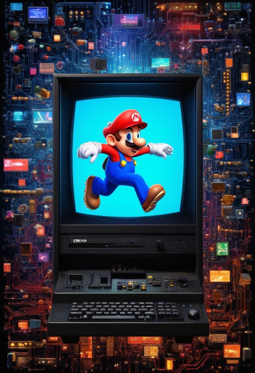 A dynamic collage featuring an array of emulators displayed on vintage computer screens, with pixelated game characters like Mario and Sonic jumping out. The backdrop should be filled with vibrant circuit board patterns and gaming paraphernalia like controllers and arcade machines. Include subtle holographic elements to represent virtual machines and technology. Evoke a sense of nostalgia blended with modern gaming culture. cyberpunk. vibrant colors. 3D.